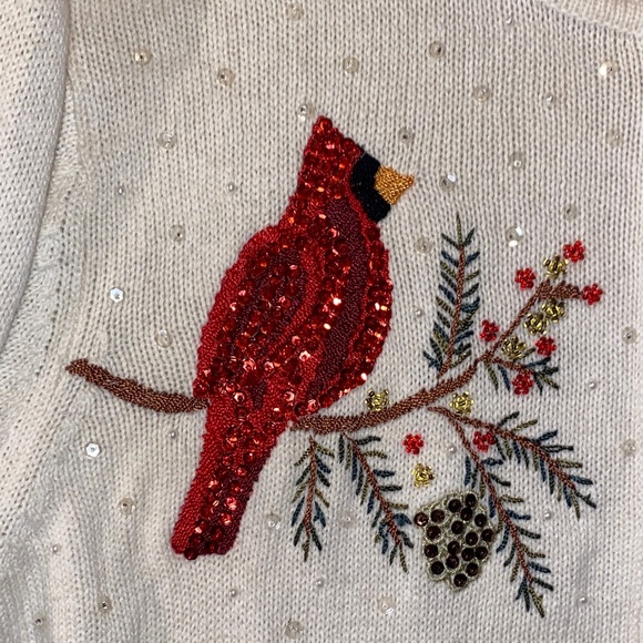 Vintage Women's sequin Cardinal Embroidered Sweater - Picture 3 of 7